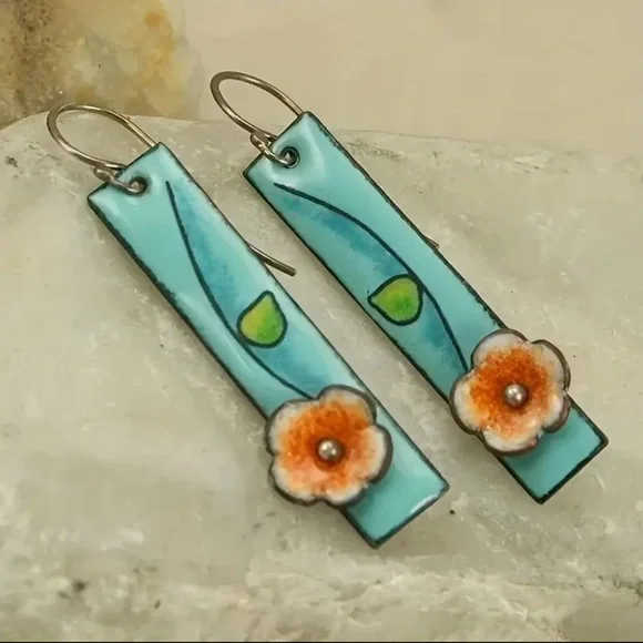 Green and Orange Floral Dangle Earrings - Picture 3 of 3